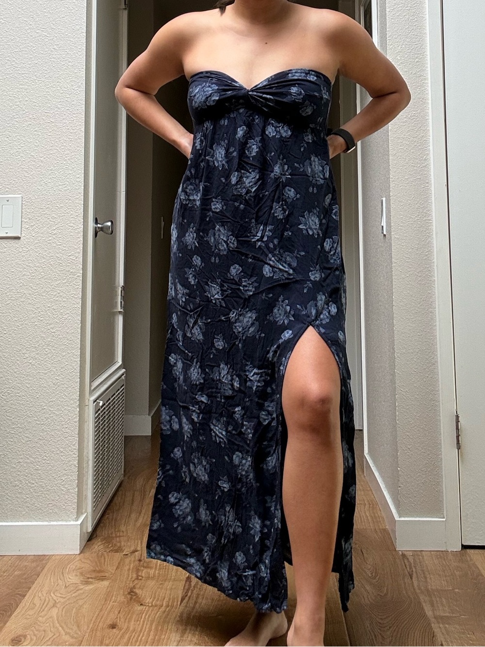 Abercrombie & Fitch Navy Floral Strapless Midi Dress